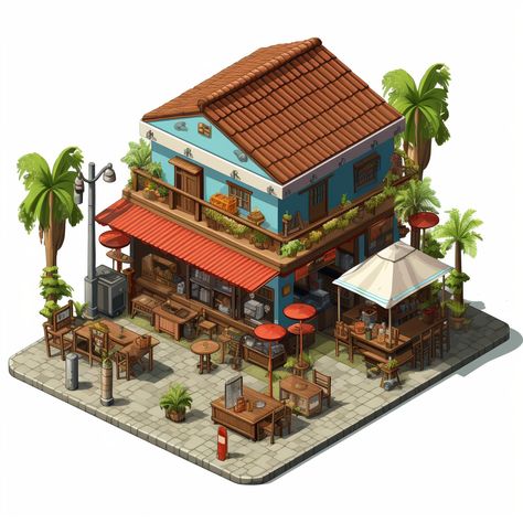 Isometric illustration capturing the vibrant ambiance of Filipino cafe culture, where coffee and tradition converge. Filipino Cafe, Don Jose, Planet Coaster, House Built, Philippines, The Locals, Book Art, Cafe, Thing 1