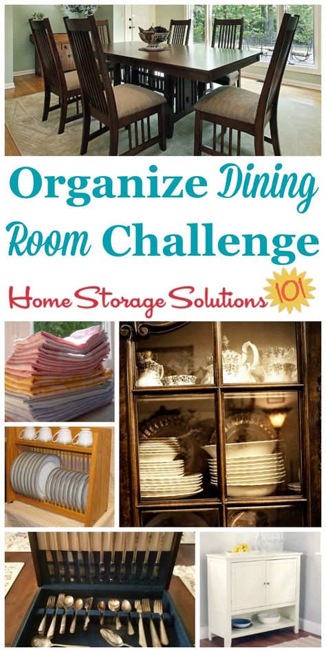 Step by step instructions for how to organize your dining room, including common items found in this space such as china, silver, and table linens {part of the 52 Week Organized Home Challenge on Home Storage Solutions 101} Dining Room Cabinet, Household Management, Organized Home, Home Storage Solutions, Dining Room Storage, Creative Storage, Organizing Tips, Organize Declutter, Dining Areas