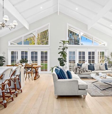 Lavender Hill Interiors on Instagram: “Loving this cathedral ceiling and light filled living space. ​- ​ ​Image via Coastal Hamptons Style ​Photo Belle Property Illawarra ​- ​-…” Hamptons House Interior, Cathedral Ceiling Living Room, Coastal Hamptons Style, Hamptons Style Homes, Vaulted Ceiling Living Room, Coastal Hamptons, Hill Interiors, Hamptons House, Hamptons Style