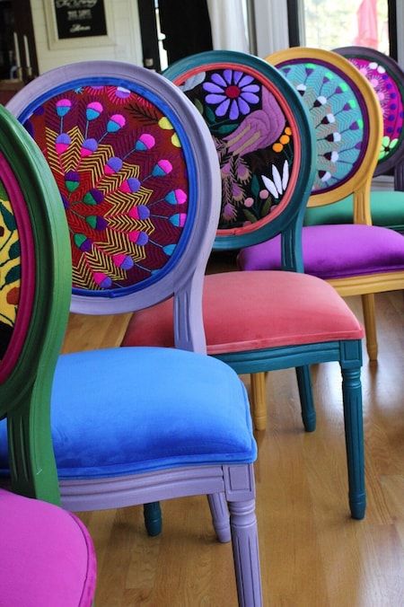 Do you love Kit Kemp as much as I do but can’t afford her prices?  Follow my shop , Cheeky Chairs Design, to order your own custom designer headboard. Purple Velvet Dining Chairs, Boho Chairs, Boho Dining Chairs, Eclectic Chairs, Peacock Pillow, Mexican Textiles, Whimsical Furniture, Eclectic Boho, Boho Chair