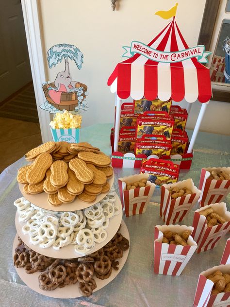 Dumbo Party Food, Dumbo Carnival Birthday Party, Dumbo Gender Reveal Ideas, Dumbo Themed Dinner, Dumbo Centerpieces Party Ideas, Twin Carnival Birthday, Dumbo Circus Birthday Party, Circus Gender Reveal Party, Circus Gender Reveal