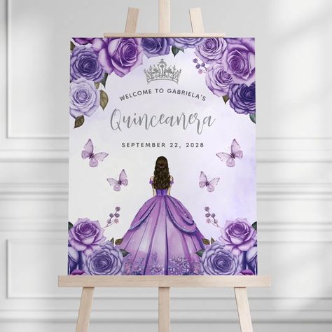 Purple Silver Floral Princess Quincea�ñera Welcome Foam Board | Zazzle Purple Watercolor Background, Purple Princess Dress, Birthday Princess Dress, Purple Princess, Handwriting Script, Purple Blush, Quinceanera Themes, Gold Tiara, Quinceanera Party