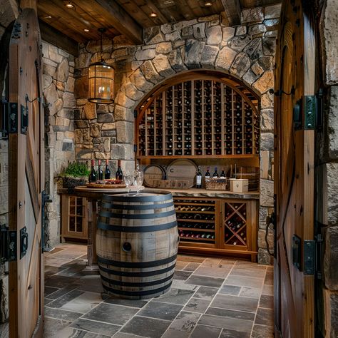 Discover this enchanting rustic wine cellar featuring stone walls and wooden barrel accents. The space includes a stylish wine barrel bar table and a wooden bottle rack, with vintage pendant lights illuminating the bar area. An arched door opens to reveal a cozy kitchen, making this the perfect blend of old-world charm and functional design. Wine Cellar Basement Rustic, Wine Barrel Bar Table, Barrel Bar Table, Rustic Wine Cellar, Unique Wine Cellar, Wine Grotto, Vintage Pendant Lights, Rose Interior, Wine Barrel Bar