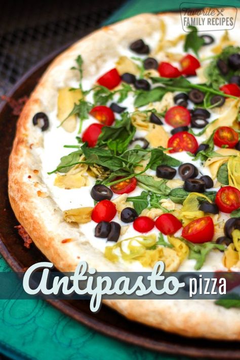 This antipasto pizza was another re-creation from a local restaurant here, it was so incredibly yummy. The garlic sauce from scratch is so dang good! #antipastopizza #antipasto #pizza #italian #pizzarecipe #antipastorecipe #FavoriteFamilyRecipes #favfamilyrecipes #FavoriteRecipes #FamilyRecipes #recipes #recipe #food #cooking #HomeMade #RecipeIdeas via @favfamilyrecipz Antipasto Pizza, Antipasto Recipes, Creamy Sausage Pasta, Crock Pot Vegetables, Weekly Menu Plan, Creamy Garlic Sauce, Vegetarian Pizza, Healthy Pizza, Menu Plan