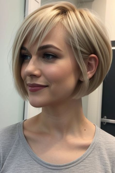 28 Stunning Chin Length Haircuts To Elevate Your Style - Glamour Corner Fine Chin Length Hair, Chin Length Blonde Hair With Bangs, Below Chin Bob Haircuts, Bobs Haircuts For Fine Hair, Short Blond Haircut Women Straight, Graduated Bob Fine Hair, Back Views Of Short Haircuts, Back Of Bob Haircut Short Hair, Modern Stacked Bob