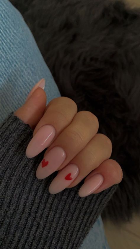 Nails Baby Pink Valentines Day Nails, Nails Acrylic Almond Valentines, Almond Acrylic Nails Valentines, Clear Pink Nails With Heart, Valentines Nail Aesthetic, Baby Pink Valentines Nails Almond, Valentine’s Day Nail Almond, Cute Heart Nails Acrylic, Light Pink Red Heart Nails