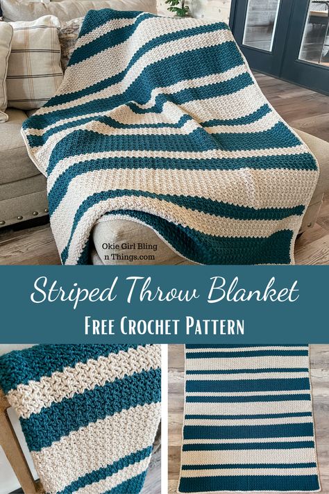 If you know how to single crochet, chain and double crochet, then you can easily make this free large crochet blanket pattern! It's such a fun and easy crocheted stripe blanket pattern! Crochet Striped Blanket Pattern, Quick Crochet Blanket, Striped Crochet Blanket, Blanket Tutorial, Crochet Throw Pattern, Throw Blanket Pattern, Striped Throw Blanket, Chunky Crochet Blanket, Crochet Afghan Patterns Free