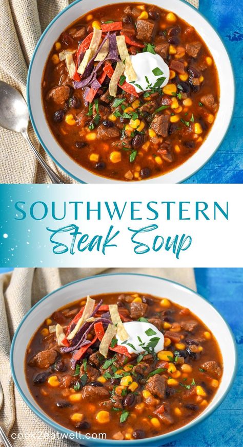 This southwestern steak soup is hearty and simple to make. Soup Recipes With Stew Meat, Skirt Steak Soup Recipes, Ribeye Steak Soup Recipes, Steak Enchilada Soup, Leftover Steak Recipes Soups, Mexican Steak Soup Recipes, Ponderosa Steakhouse Vegetable Soup, Steak And Bean Soup, Flank Steak Soup Recipe