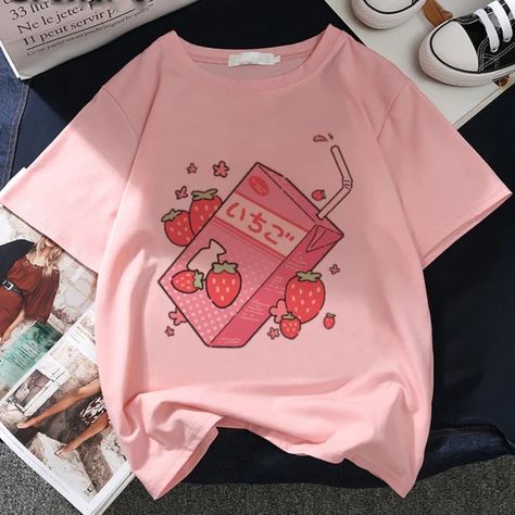 Cute Strawberry Juice Japanese Kawaii Retro 90s Graphic Print | Etsy Japan Strawberry, Female T Shirt, Harajuku Aesthetic, Strawberry Shirt, Strawberry Juice, Japanese Harajuku, Fashion Tshirt, Strawberry Milk, Aesthetic Pink