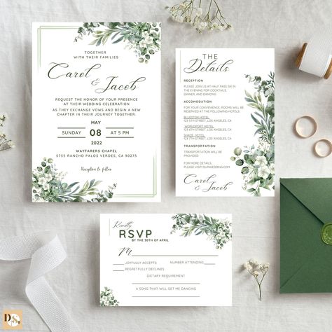 Sage green wedding invitation template, Editable wedding invite suite, Green wedding details card, Minimalist wedding invitation set Canva by DigitalsbySurprezaPH on Etsy Green Wedding Details, Green Wedding Invitation Template, Wedding Invite Suite, Invite Suite, Minimalist Wedding Invitation, Wedding Details Card, Sage Green Wedding, Green Wedding Invitations, Minimalist Wedding Invitations