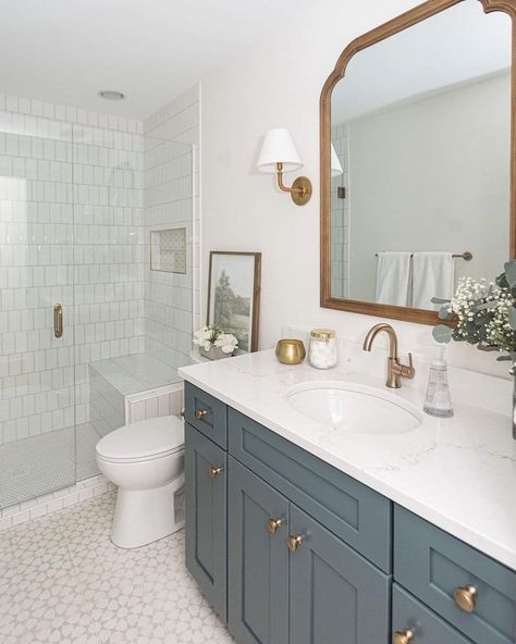 Bathroom With Blue Bathtub, Transitional Kids Bathroom, Modern Bathroom Cabinet Colors, Bathroom With Light Blue Vanity, Dusty Blue Bathroom Ideas, Restroom Cabinets Ideas, Bathroom Ideas Light Blue, Transitional Small Bathroom, Bathroom With Blue Vanity