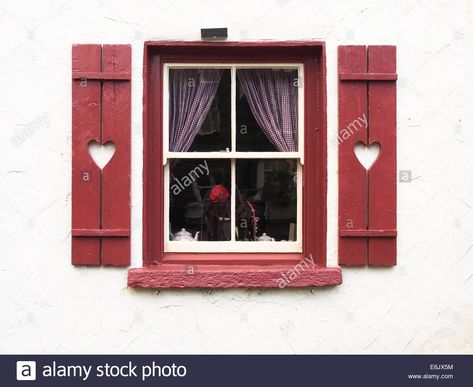 Heart Shutters, French Cottage Bathroom, Chalet Ideas, Cabin Construction, Red Windows, Red Shutters, Ginger House, Goat Barn, Brick Fireplace Makeover