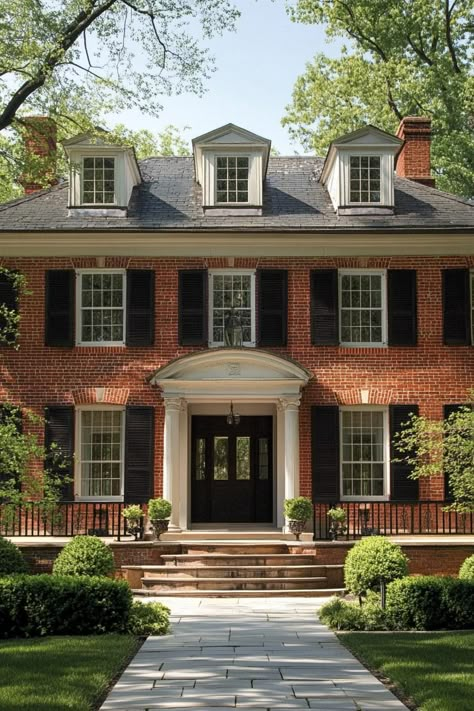 Red brick georgian house revival. Check out all of these charming houses with brick exteriors–from classic to modern–that will make you feel at home. Brick House Additions Ideas, Red Brick Mansion Exterior, Brick Traditional Home, Plain Brick House Exterior Makeover, Red Brick House With Dark Trim, Traditional Red Brick House, Traditional Colonial Exterior, Colonial Red Brick House Exterior, Red Brick House White Shutters