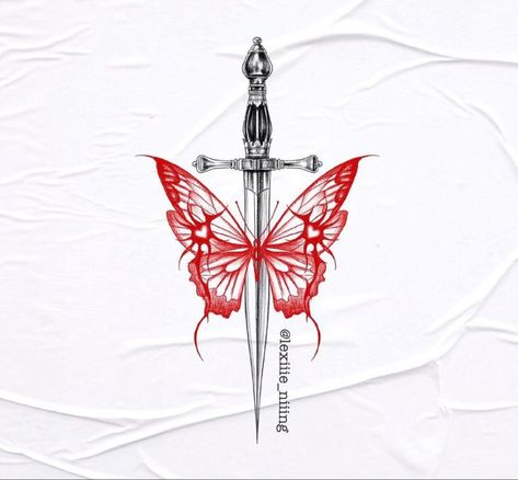 Butterfly And Swords Tattoo, Sternum Tattoo Dagger, Knife Spine Tattoo, Butterfly With Knife Tattoo, Butterfly Dagger Tattoo, Butterfly Knife Tattoo, Tattoo Korean, Tattoo Papillon, Simple Tattoo With Meaning