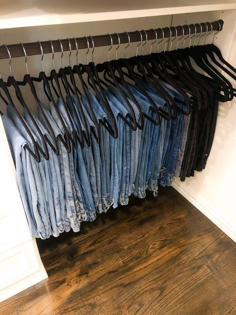 Jeans On Hanger, Closet Organisation, Room Organization Bedroom, Wardrobe Organisation, House Organisation, Closet Decor, Home Organisation, Home Organization Hacks, Room Makeover Inspiration