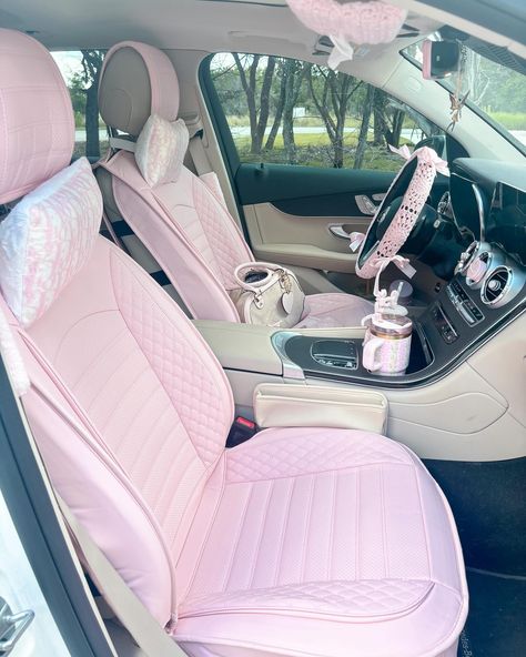 Late night post 🩷✨🍁🌸🎀 Pink Truck Interior, Pink Car Ideas, Inside Car Aesthetic, Cute Car Interior Ideas, Truck Interior Ideas, Pink Chevy Trucks, Car Decorating Ideas, Aesthetic Car Decor, Car Decorations Interior