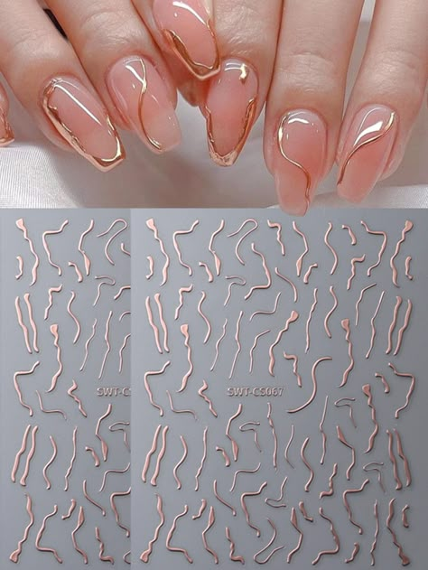 Rose Gold  Collar  Plastic  Pattern Stickers Embellished   Beauty Tools Rose Gold Nail, Nail Decals Designs, Rose Gold Nail Art, Nail Art French, Line Nail Art, Gold Nail Art, French Manicure Nails, French Nail Art, Nail Art Stickers Decals