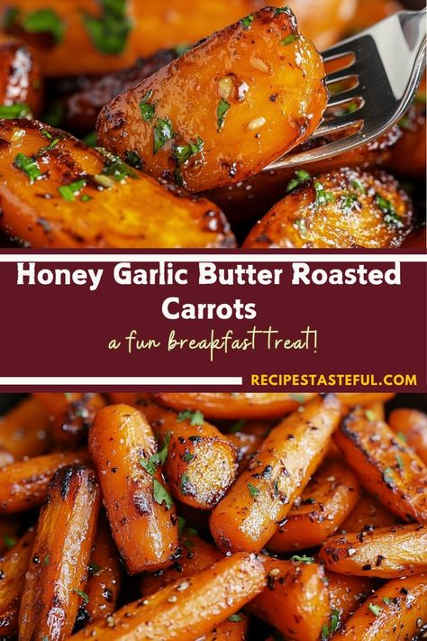 Tender, caramelized carrots with a sweet and savory honey garlic butter glaze. This easy side dish is fu Recipes With Honey Butter, Carrot Side Recipes, Honey Side Dishes, Healthy Carrots Recipe, Best Carrot Side Dish Recipe, Honey Garlic Chicken Side Dishes, Fun Sides For Dinner, Garlic Honey Carrots, Roast Sides Dishes