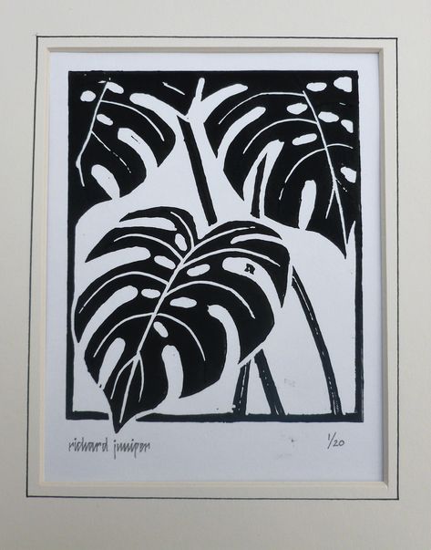 Swiss Cheese Plant. Linocut print by Richard Juniper Print Making Art Ideas, Simple Printmaking Designs, Plant Lino Print, Linocut For Beginners, Print Ideas Design, Linocut Plants, Lino Print Portrait, Lino Print Ideas Easy, Tree Lino Print