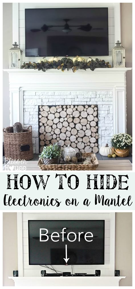 How to Hide Electronics on a Mantel | Bless'er House Hide Electronics, Mantle With Tv, Tv Above Fireplace, Tv Over Fireplace, Fireplace Mantle Decor, Fireplace Mantel Decor, Farmhouse Fireplace, Faux Fireplace, Fireplace Remodel