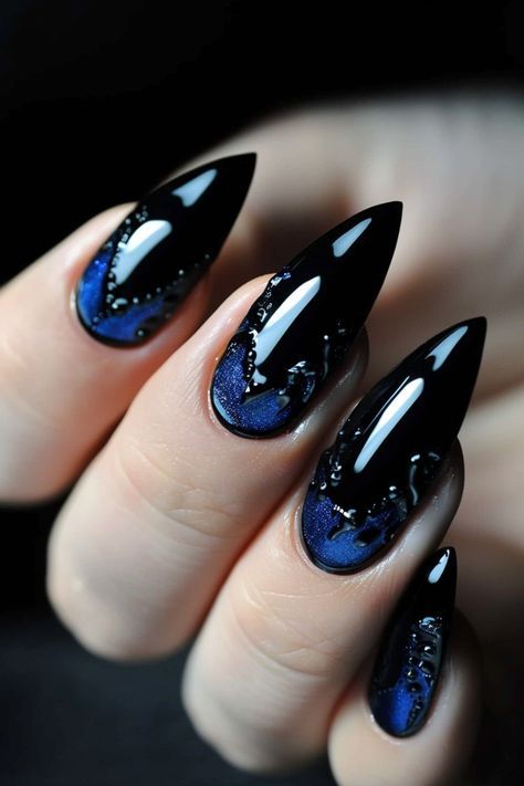 Black And Blue Nails Acrylic Design, Dazai Nails, Badass Nail Designs, Chaotic Nails, Dark Nails Designs, Summer Goth Nails, Blue Black Nails, Blue And Black Nails, Weird Nails