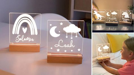 Personalised Night Light, Cricut Bedroom Decor, Acrylic Night Light, Laser Acrylic Ideas, Night Light Ideas, Personalized Night Lights, Rainbow Night Light, Diy Vinyl Projects, Toy Gift Guide