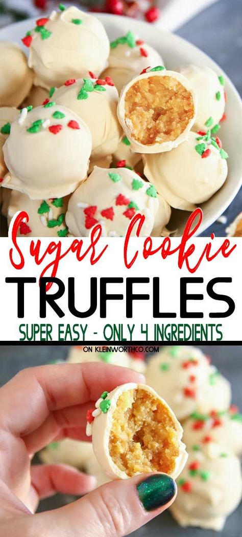 Sugar Cookie Truffles are the perfect no-bake holiday treat. With only 4-ingredients, this easy dessert is perfect for parties, food gifts & more! #holidayrecipes #christmastruffles #trufflerecipes #holidaytreatrecipes #sugarcookierecipes #bestholidayrecipes #holiday #holidaytreat #easyrecipe #christmasrecipe #easytruffles #sugarcookietruffles #whitechocolate #sugarcookie #christmas #dessert Sugar Cookie Truffles, Cat Baking, Cookie Truffles, Parties Food, Christmas Truffles, Easy Christmas Treats, Christmas Candy Recipes, Truffle Recipe, Christmas Dessert