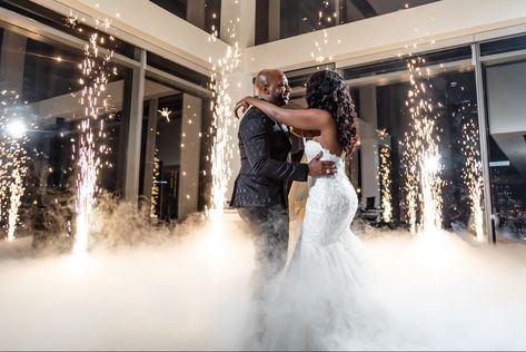 First Dance On Cloud, Glamorous Centerpieces, First Dance Fireworks, Sparklers First Dance Wedding, Cold Sparks Wedding First Dance, Cold Sparklers Wedding Dance, Wedding First Dance Black Couple, Moon Board, Atlanta Wedding Photography