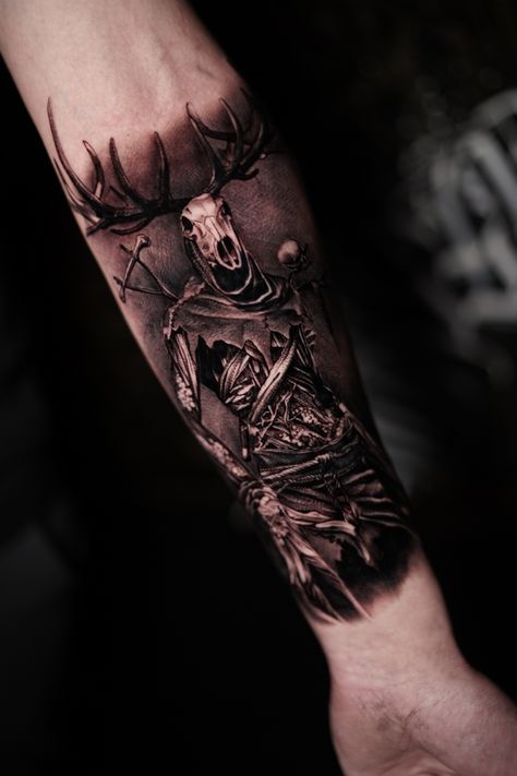 Wendigo Tattoo Design, Skinwalker Tattoo, Leshy Tattoo, Wendigo Tattoo, Viking Sleeve, Skyrim Tattoo, Witcher Tattoo, Slavic Tattoo, Viking Tattoo Sleeve