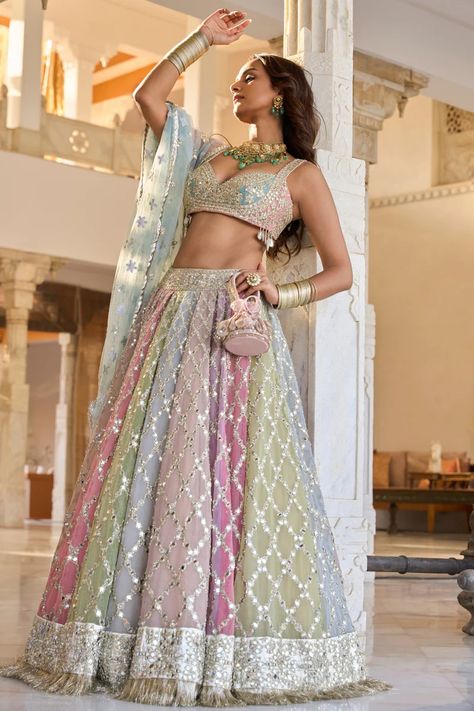 MEHBOOBA-24 – abhinavmishra Multicolour Lehenga, Abhinav Mishra, Best Indian Wedding Dresses, Raw Silk Lehenga, Bohemian Soul, Pink Lehenga, Indian Couture, Sharara Set, Silk Lehenga