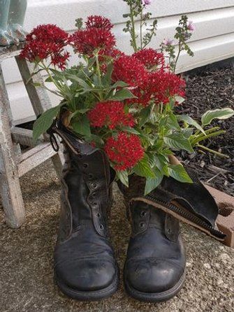 Picture of Old Boot Planters College Drawing, Upcycle Shoes, Boot Planter, Garden Ladder, Flower Boots, 3d Sculpting, Military Decor, Old Boots, Garden Idea