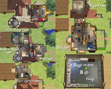 Harry Potter - Weasley's Burrow - Floor Layouts Weasley Burrow Floor Plan, Harry Potter Floor Plans, The Burrow Harry Potter Floor Plan, The Burrow Minecraft, Harry Potter Sims 4 Builds, Minecraft Burrow House, The Burrow Floor Plan, The Burrow Layout, Minecraft Harry Potter Builds