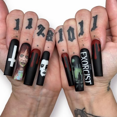 The Exorcist Nail Art, Exorcist Nail Art, The Exorcist Nails, The Conjuring Nails, Jeepers Creepers Nails, Micheal Myers Nail, Saw Nails Halloween, Exorcist Nails, Terrifier Nails