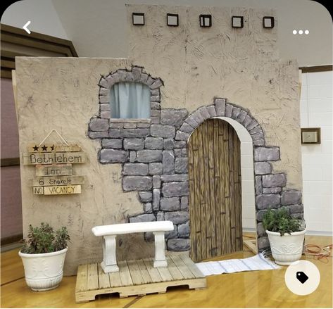 Live Nativity Ideas, Bethlehem Marketplace Ideas, Bethlehem Backdrop, Live Nativity, Christmas Stage Design, Kingdom Vbs, Journey To Bethlehem, Ward Christmas Party, Bethlehem Christmas