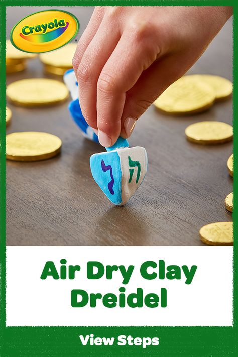 Give it a spin! See how to make a dreidel out of Air Dry Clay, then celebrate with this DIY Hanukkah craft for kids. Hanukkah Dreidel Crafts For Kids, Diy Dreidel For Kids, Hanukkah Dradle Craft, Dreidel Activities Preschool, How To Make A Dreidel, Hanukkah Crafts For Adults, Haunika Crafts, Hanukkah Crafts For Kids Preschool, Jewish Crafts For Kids