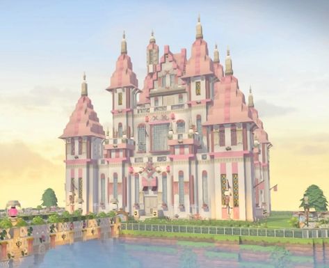 Kawaii Minecraft House Ideas, Pink Concrete Minecraft House, Cutesy Minecraft Builds, Hello Kitty Castle Minecraft, Princess Minecraft Builds, Cute Pink Minecraft Banners, Minecraft Pink Castle Tutorial, Mincraft Idea Castel, Minecraft House Ideas Aesthetic