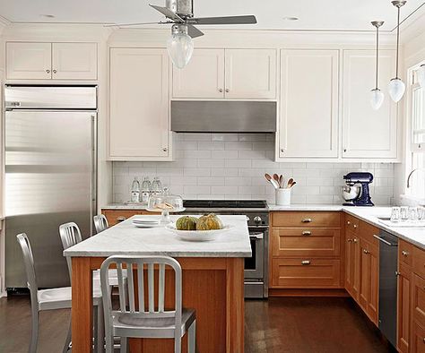 darker floors, medium cabinets (love the hardware too) and white counters-- ditch the upper cabinets I think White Upper Cabinets Wood Lower, Natural Wood Kitchen Cabinets, White Upper Cabinets, Cherry Wood Cabinets, Two Tone Kitchen Cabinets, Natural Wood Kitchen, Oak Kitchen Cabinets, New Kitchen Cabinets, Wood Kitchen Cabinets