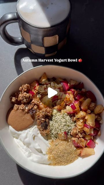 Lyana Begret See on Instagram: "Autumn Harvest Yogurt Bowl 🍎 – one of my favorite bowls to enjoy in the fall! Cozy, warm, and packed with seasonal flavors, it’s both delicious and filling🔥

Ingredients:
5 oz plain whole milk yogurt (or plant-based yogurt)
1 apple, chopped
1/2 tsp cinnamon
1 - 2 tsp honey
2 handfuls of rolled oats
1 tbsp flax meal
1 tbsp hemp seeds
1 tbsp almond butter
granola 
1 tbsp coconut oil for cooking, add more if needed 

Directions:
Chop the apple into small pieces.
Preheat a pan and add coconut oil.
Sauté the apple over medium-low heat for about 3 minutes, stirring occasionally.
Add cinnamon, oats, and honey, then sauté for another 2 minutes.
Add yogurt to a bowl, top with the warm apple & oat mixture, flax meal, hemp seeds, almond butter and granola. Enjoy!❤️
# Apple Peanut Butter Overnight Oats, Coconut Oil For Cooking, Granola Yogurt Bowl, Cinnamon Oats, Yogurt Bowl With Granola, Almond Butter Granola, Granola Yogurt Bowl Breakfast Recipes, Granola Fruit Bowl Healthy Breakfasts, Flax Meal