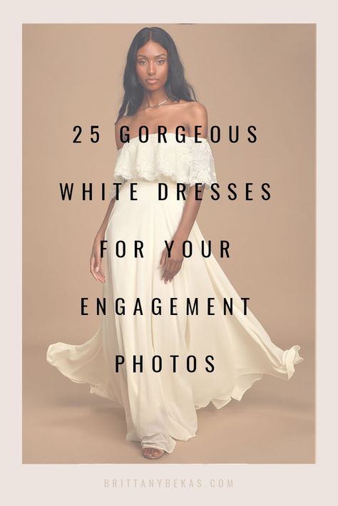 White Wedding Party Dress, White Engagement Shoot Dress, Fall Bachelorette Outfit Bride, Summer Engagement Dress, Engagement Photo Shoot Dress, White Dresses For Engagement Pictures, White Dress For Engagement Pictures, Engagement Photo White Dress, Beach Engagement Photos White Dress