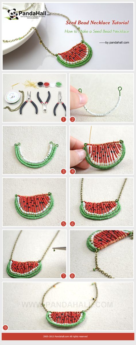 Seed Bead Necklace Tutorial – How to Make a Seed Bead Watermelon Necklace from pandahall.com Bead Watermelon, Watermelon Necklace, Beaded Necklace Tutorial, Necklace Tutorial, Beaded Jewelry Patterns, Jewelry Making Tutorials, Seed Bead Bracelets, Beading Tutorials, Beads And Wire