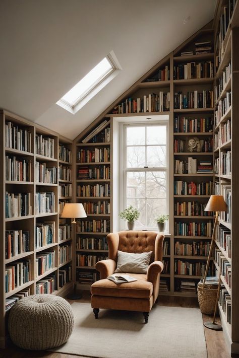 Small Attic Office, Reading Nook In Bedroom, Low Ceiling Attic Bedroom, Diy Reading Nook, Modern Attic, Kids Nook, Attic Room Ideas, All About Books, Attic Library