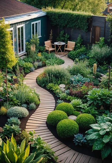 Lush Garden Backyard, Minimalist Backyard Landscaping, Small Back Garden Landscaping, Small Garden Design Ideas Layout, Minimalist Garden Design, Garden Ideas For Small Spaces, Walkway Designs, Tiny Garden Ideas, Urban Garden Design