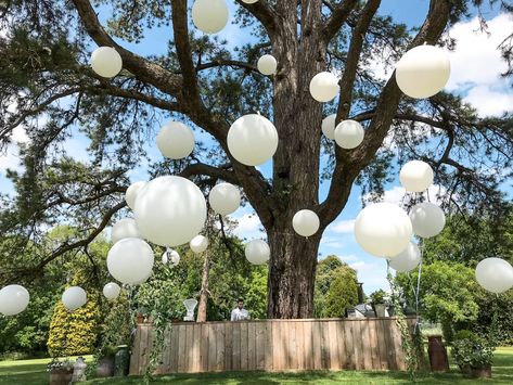 Garden Ballons Decoration, Backyard Balloon Decorations, All White Garden Party, Outdoor Bridal Shower Ideas Backyards, White Garden Party, Wedding Ballons, Wedding Installation, Wedding Installations, Pool Wedding Decorations