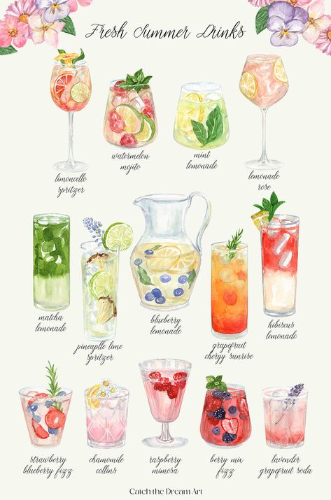 Fresh Summer Cocktails Watercolor, a Food Illustration by Catch the Dream Art Cold Summer Drinks, Drinks Watercolor, Cocktail Drawing, Fresh Summer Cocktails, Cocktails Garnish, Watercolor Drinks, Cocktail Watercolor, Watercolor Cocktails, Party Lemonade