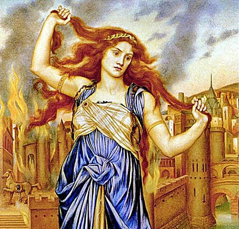 In Greek mythology, Cassandra was one of the princesses of Troy, daughter of Priam and Hecuba. According to the Myth, Cassandra was astonishingly beautiful and blessed with the gift of foreseeing the future. Her curse was that no one believed her, a fa… Cassandra Greek Mythology, Cassandra Troy, Fiber Wall Art, Greek Mythology Art, Ancient Myths, Female Soldier, Mythology Art, Greek Myths, Medieval Art