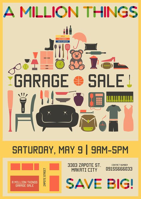 Garage Sale on Behance Garage Sales Ideas, Garage Sale Poster Ideas, Garage Sale Poster Design, Garage Sale Ideas, Garage Sale Advertising, Garage Sale Clothes, Flea Market Poster, Garage Sale Flyer, Jumble Sale