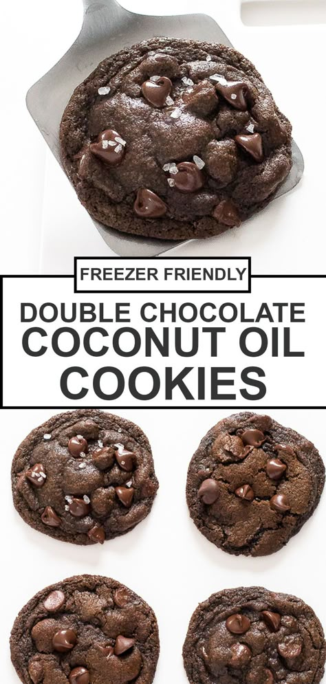 Perfectly soft and chewy Double Chocolate Coconut Oil Cookies. Loaded with chocolate chips and sprinkled with sea salt! These super chocolatey cookies use pantry staples so you don't even need to leave the house to make them. To keep them a little healthier, we're using coconut oil instead of butter, but they're just as delicious! Make a large batch and freeze half for later! | chefsavvy.com #coconutoilcookies #doublechocolatecookies #doublechocolatechip #pantrystaples #freezerfriendly Coconut Oil Cookies, Oil Cookies, Staple Recipes, Chef Savvy, Coconut Oil Recipes, Double Chocolate Chip Cookies, Double Chocolate Cookies, Healthy Comfort, Freezer Meal