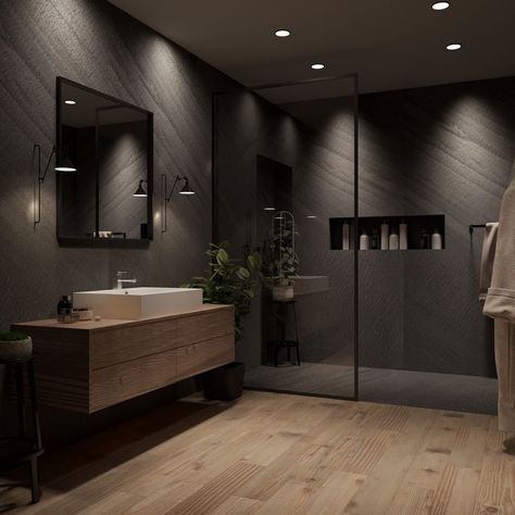 Shower Modern Luxury, Dream Primary Bathroom, Bathroom Black Shower Tile, Black Onyx Shower Ideas, Minimalist Dark Bathroom, Dark Bathroom Walls Paint, Basement Bathroom Under Stairs, Black Shower Bathroom Ideas, Grey Rustic Bathroom