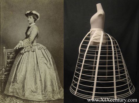 Crinoline (hoop skirt)- used as undergarment under a woman's dress to give it fullness and volume. With the introduction of such garment, the corset began to shorten and become tighter. Reason being, there was no need to hide the hips and as the crinoline slowly began to decrease in size, a smaller waist was favored. Cage Crinoline, Crinoline Dress, Hoop Dress, Crinoline Skirt, Fashion Timeline, Stetson Hat, Period Dress, Hoop Skirt, Evolution Of Fashion