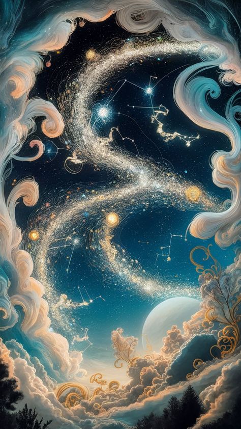 Immerse yourself in this mesmerizing constellation wallpaper, showcasing a night sky filled with shimmering stars and ethereal nebulae. Inspired by Impressionist and Romantic art, this enchanting scene invites you to explore the mysteries of the universe. Perfect for stargazers and art lovers, it adds a touch of elegance to any space. Ideal for home decor, cosmic art, and celestial enthusiasts. Ethereal Art Aesthetic, Constellation Wallpaper, Serene Design, Cosmic Art, Star Constellations, Celestial Art, Romantic Art, Ethereal Art, Art Lovers